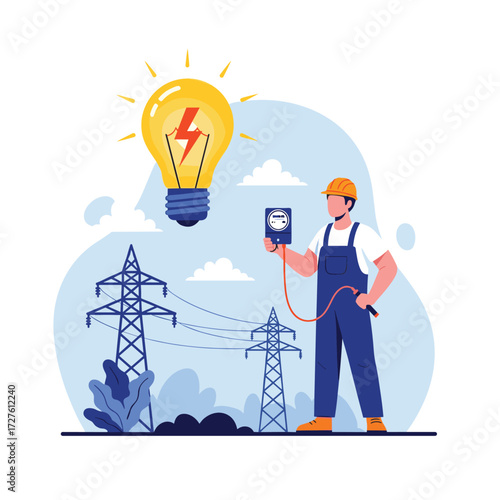 An electrician measures electrical current near power lines under a glowing lightbulb.