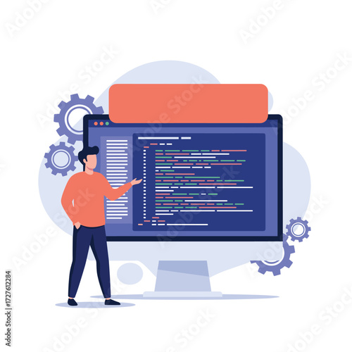 A developer presenting code on a large computer screen.