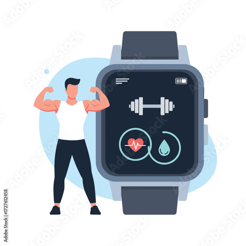 A muscular man flexing his biceps next to a smartwatch displaying fitness icons.