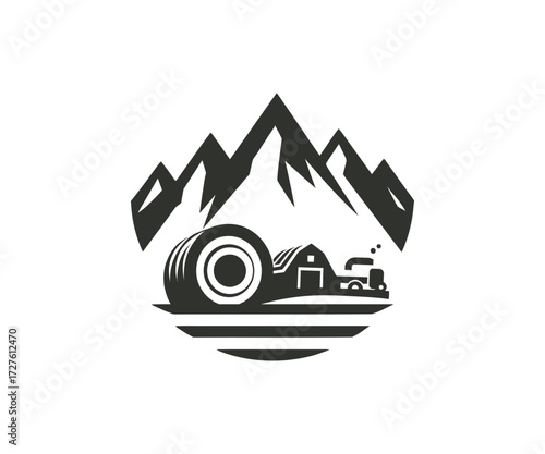 Farm landscape with mountains and tractor illustration