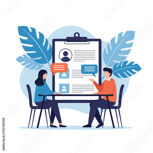 Job interview scenario with two people discussing candidate qualifications on a clipboard.