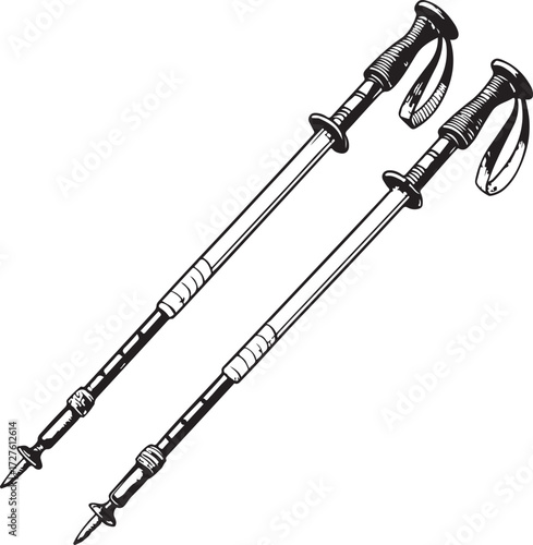 Nordic Walking trekking poles for Hiking Hand-drawn Vector Illustration, Sketch Drawing Doodle Line Linear Symbol Icon Engraving Coloring Book, Black and White Isolated
