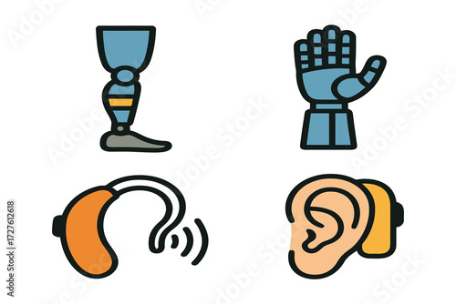 Icons representing prosthetic leg robotic hand hearing aid and ear prosthesis