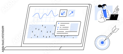 Laptop screen displaying analytics, graphs, and concepts. Businessperson consulting. Arrow hitting bullseye symbolizing goals. Ideal for technology, productivity, data-driven strategy, expertise