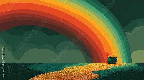 Bright colors and treasure at the end of the rainbow in a magical landscape