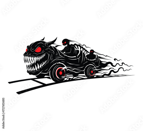 A monstrous roller coaster car with red eyes