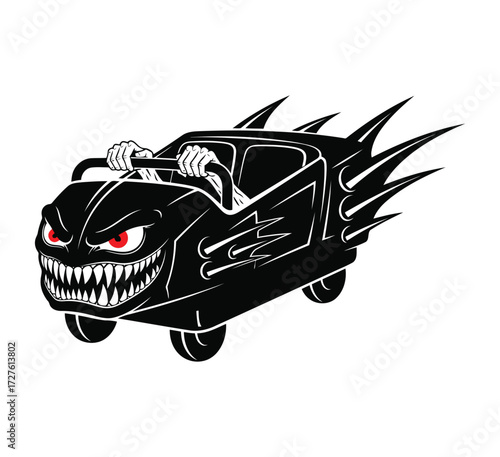 A scary monster car with sharp teeth and red eyes