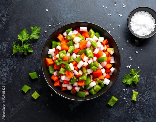 Colorful diced vegetables in a bowl