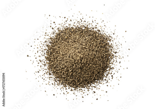Coarse ground black pepper flecks of various particle sizes scattered on a transparent background, top-down flat lay, extreme macro shot, concept for culinary ingredient advertising
