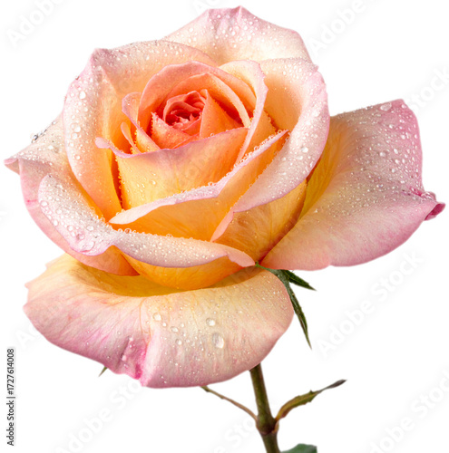 Peach Pink Rose with Dew Drops Isolated on Transparent Background – Fresh Romantic Bloom, Elegant Floral Decoration, Botanical Design for Love, Wedding, Anniversary and Nature Concept