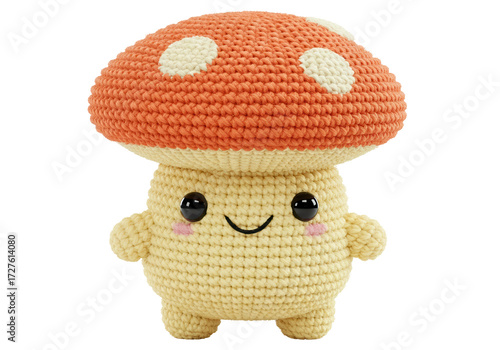 Cute crochet mushroom toy isolated on transparent background, handmade amigurumi kawaii mushroom