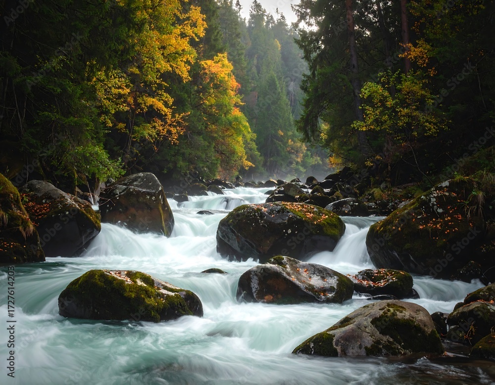 Fototapeta premium Autumnal River Rapids Amidst Forested Banks