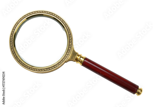 Magnifying glass with ornate gold frame and wooden handle isolated, antique style object