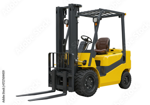 Yellow forklift truck isolated on transparent background, industrial vehicle PNG