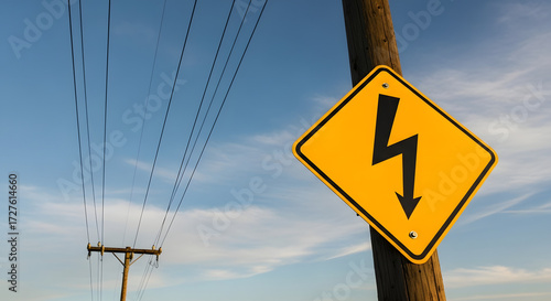 High voltage warning sign on a utility pole with power lines