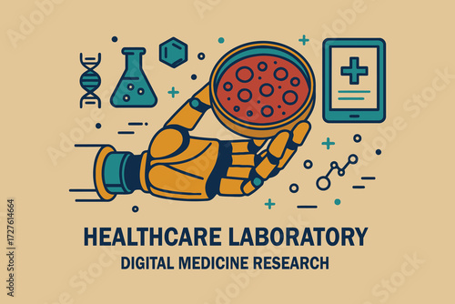Robotic hand holding petri dish in futuristic healthcare laboratory digital medicine research