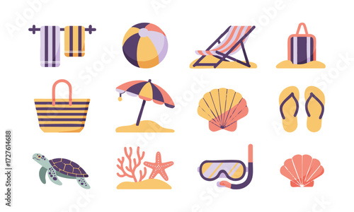 Pastel Beach Icons Set Minimal Flat Vector illustration Collection on White, easily editable and scalable.