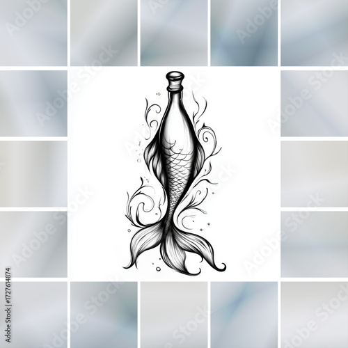 tylized hand-drawn mermaid bottle, black and white, representing fantasy and enchantment with copy space.