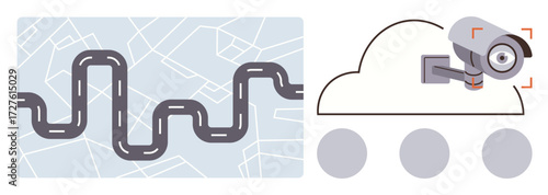 Winding road map paired with cloud-connected surveillance camera. Ideal for navigation, security, cloud storage, technology innovation, transportation, remote monitoring, data safety. A simple flat