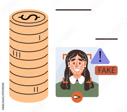 Facial recognition highlights deepfake content with alert icons, next to coins symbolizing economic and ethical concerns. Ideal for AI, cybersecurity, finance, innovation, ethics, fraud, digital
