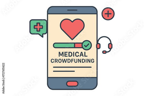 Smartphone displaying medical crowdfunding campaign with heart and health icons