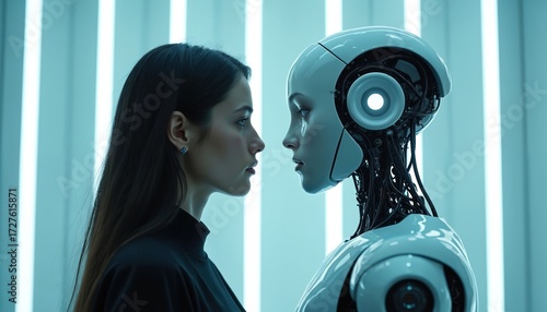 Woman and robot face off in futuristic studio. Human and artificial intelligence meet, symbolizing future tech collaboration or conflict. Sci fi concept art.