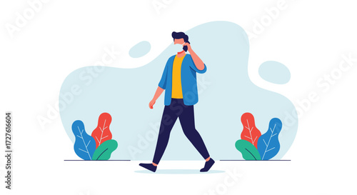 Man walking while talking on the phone wearing a face mask.