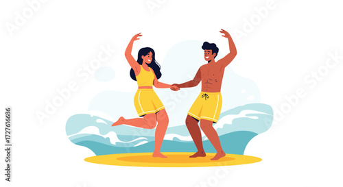 Happy couple dancing joyfully on a sandy beach near the ocean waves.