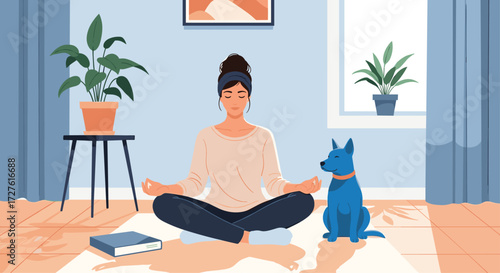 Woman meditating with her dog in a peaceful indoor space.