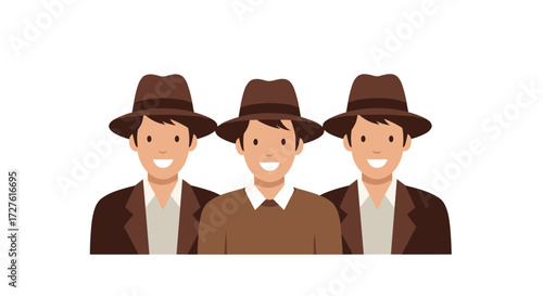 Three men in fedora hats and suits smiling together.