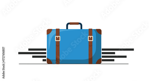 A retro blue suitcase is depicted as if it is moving quickly.