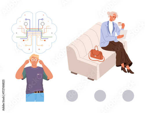 Young man with glasses exploring a thought process, abstract digital network, and senior woman reading on a sofa. Ideal for education, innovation, mindfulness, technology, lifestyle, focus