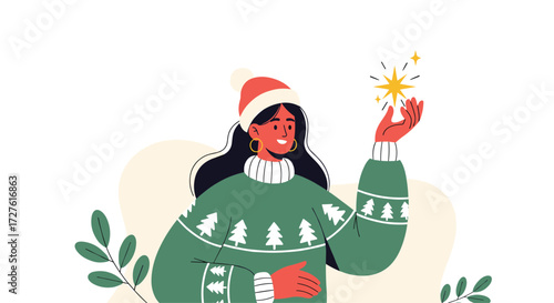 A young woman wearing a festive sweater and hat holds a sparkling star.