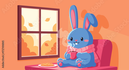 A cute blue bunny wearing a scarf enjoys a warm drink by the window during autumn.