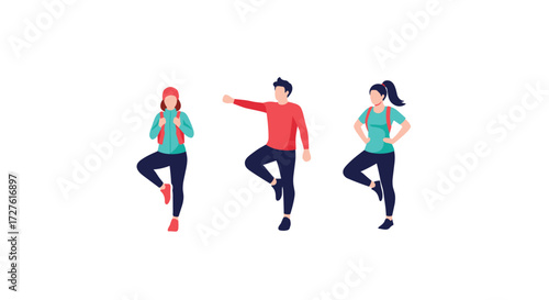 Three people are doing a dance on a white background.