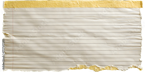 Vintage torn yellow notepad paper with lines. Isolated on transparent background.

