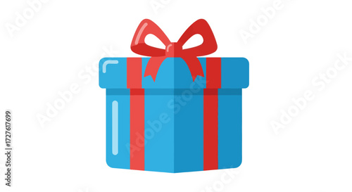 Blue gift box with red ribbon and bow flat design illustration.