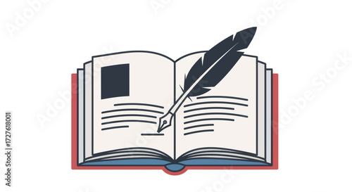 Open Book with Feather Quill Pen Illustration.