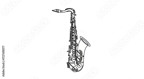Detailed black and white line art illustration of a saxophone musical instrument.