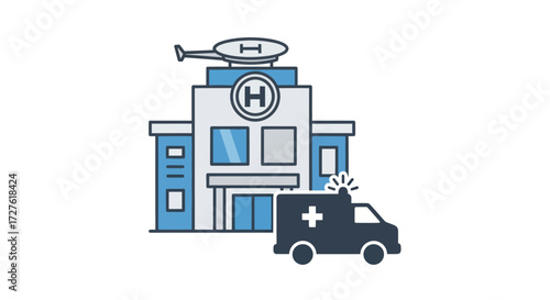 Modern Hospital Building with Helicopter and Ambulance.