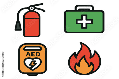 Fire extinguisher first aid kit aed and flame icons representing safety and emergency preparedness