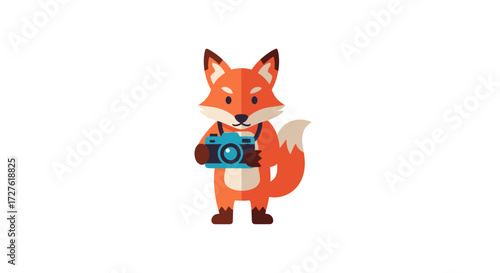 A cute cartoon fox character holding a blue camera depicted as a photographer in a flat vector style.