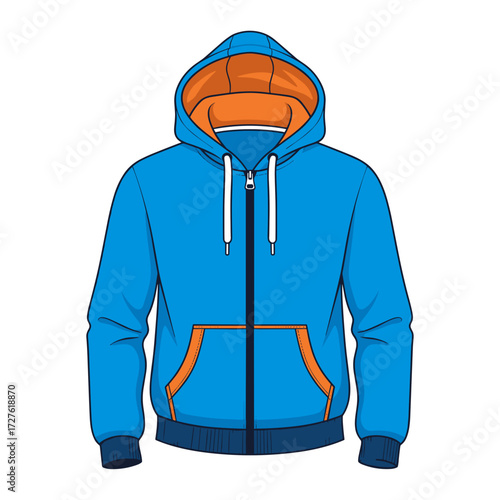 Blue hoodie with orange lining and front pockets on white background  