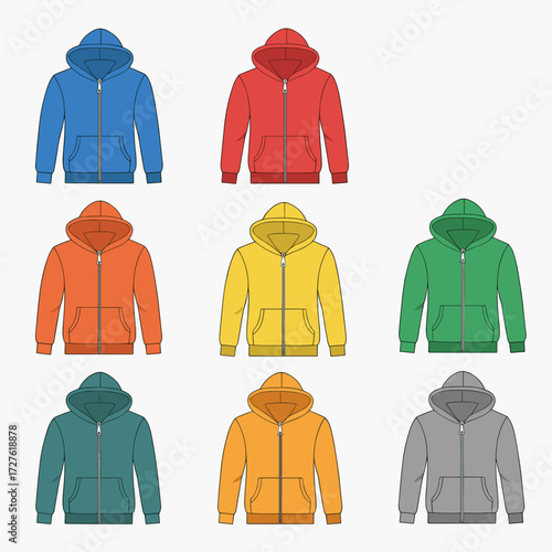 Colorful hoodies displayed in a grid on a white background  