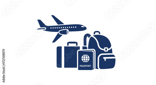 Airplane Luggage Passport and Backpack Icon for Travel.