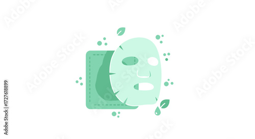 Green Sheet Face Mask with Packaging and Leaves Illustration.