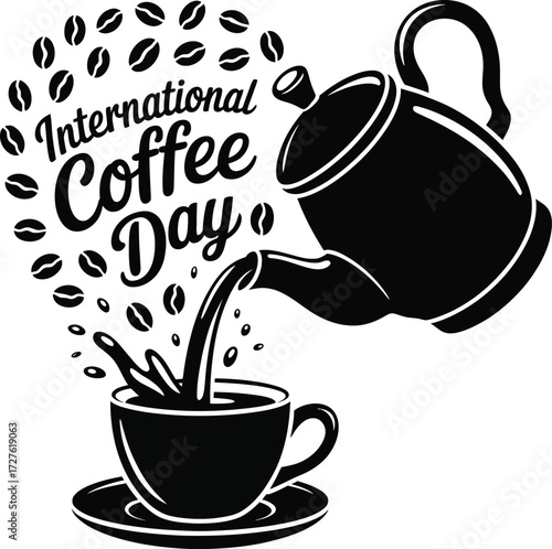 "International Coffee Day Illustration – Black and White Coffee Pot Pouring into Cup with Coffee Beans"