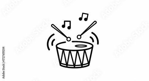 Simple Line Art Icon of a Drum with Drumsticks and Musical Notes.