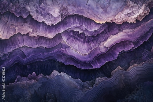 Close-up of layered amethyst geode showing deep purple and lilac hues, intricate crystal formations.