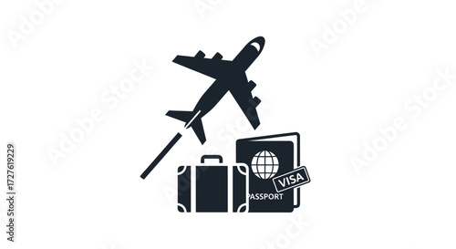 A black silhouette icon representing international air travel with an airplane luggage passport and visa.